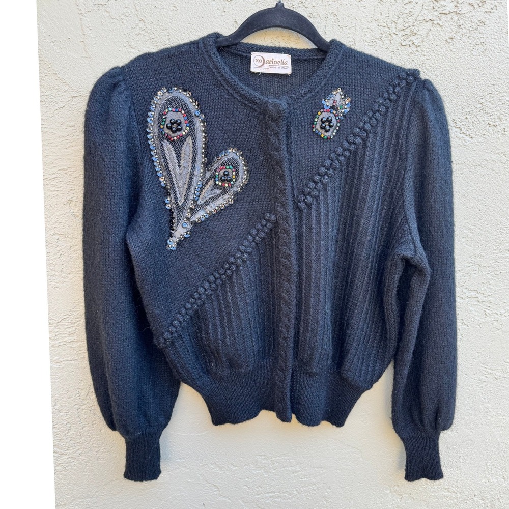 Mariella Vintage Womens Black Beaded Embellished Glam Cardigan Sweater